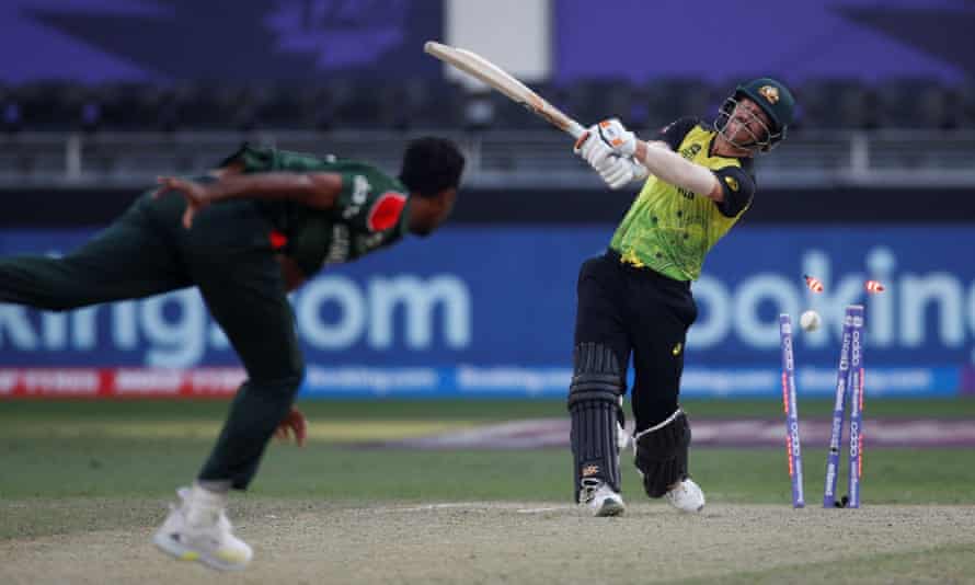 Australia’s David Warner is bowled by Bangladesh’s Shoriful Islam.