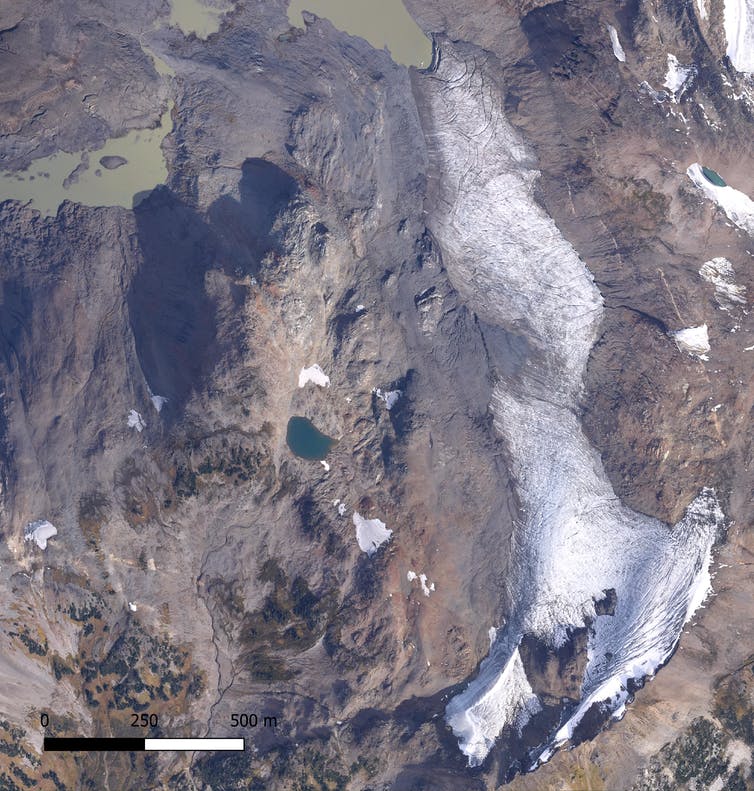 An overhead view of a mountain glacier.