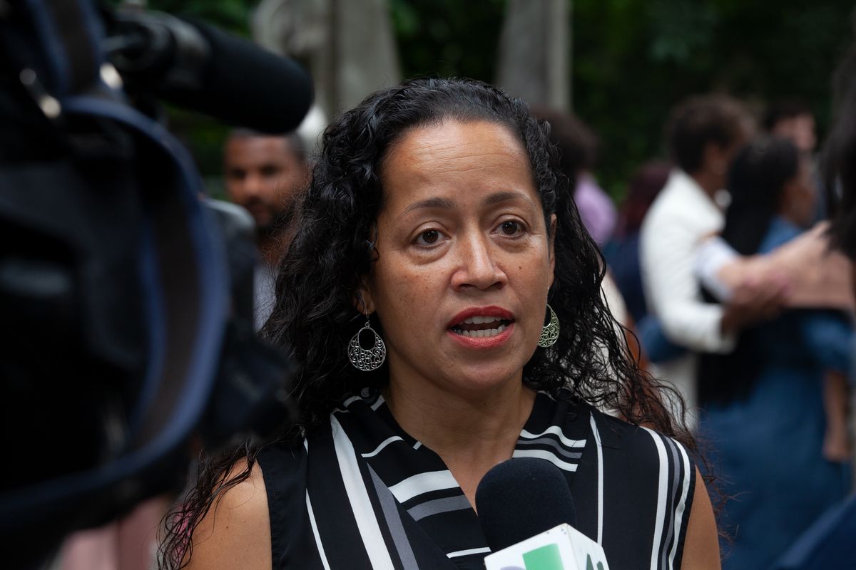 Brooklyn City Council candidate Alexa Avils speaks at a rally in City Hall Park supporting female candidates, July 13, 2021.