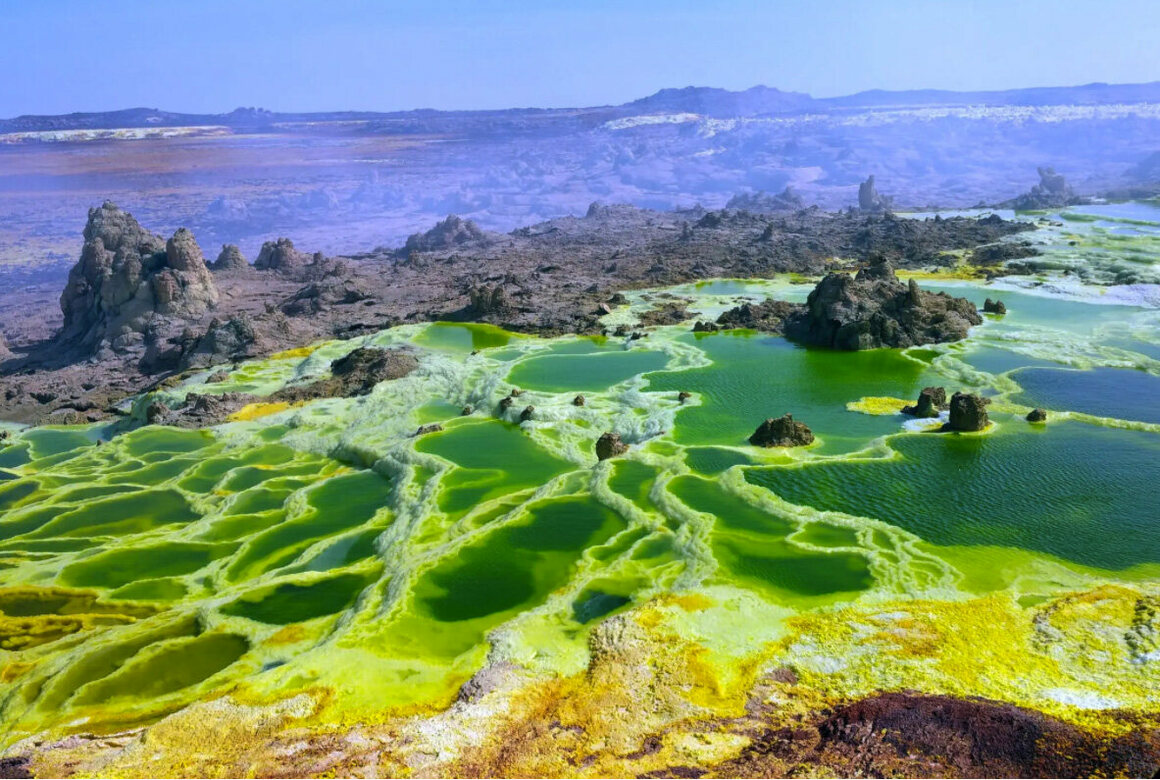 The Danakil Depression is part of the East African Rift, where the continent is slowing splitting apart.