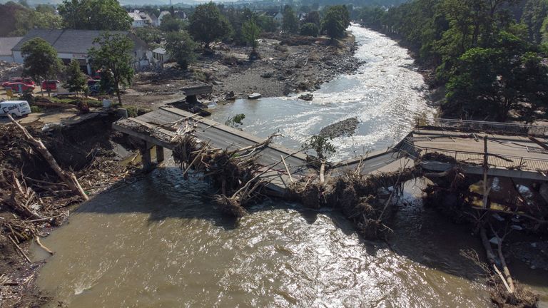 dpatop - 18 July 2021, Rhineland-Palatinate, Ahrweiler: Completely destroyed is this bridge over the Ahr in Ahrweiler after the flood disaster. (Aerial view with a drone). Photo by: Boris Roessler/picture-alliance/dpa/AP Images


