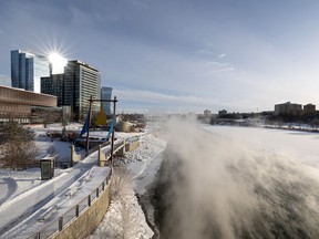 Steam fog rises from the South Saskatchewan river downtown Saskatoon in this freezing cold yet beautiful winter weather. Photo taken in Saskatoon on Monday, December 27, 2021.