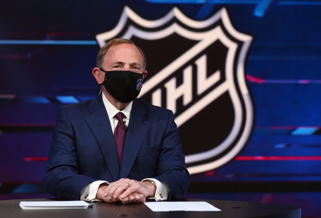NHL commissioner Gary Bettman prepares for the first round of the 2020 National Hockey League Draft at the NHL Network Studio on October 06, 2020 in Secaucus, New Jersey.