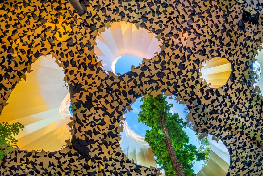 Soffit covered in metal leaves