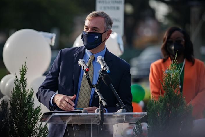 County Commission Chairman Rick Minor addresses the audience in attendance for the unveiling ceremony for the renaming of Gamble Street to Robert and Trudie Perkins Way Friday, Sept. 10, 2021.