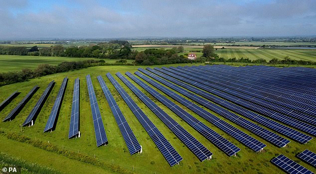 The mega-farms involve installing swathes of reflective solar panels across agricultural land to meet the Governments targets for green energy (file photo of a solar farm in Kent)