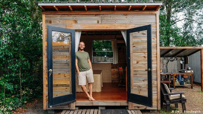 Environmental activist Rob Greenfield at his tiny house in Orlando in March 2020