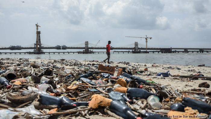 Piles of plastic on the beach at Dar es Salaam, Tanzania