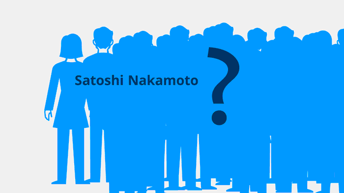 A graphic showing a group of people and the name Satoshi Nakamoto with a question mark