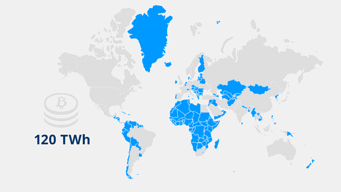 A global map showing various countries whose electricity consumption is lower than that of Bitcoin