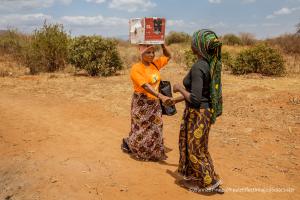 Solar Sister Entrepreneur Fatma Mziray, Tanzania, greets a customer who has purchased a clean cookstove.  The two women shake hands in greeting.