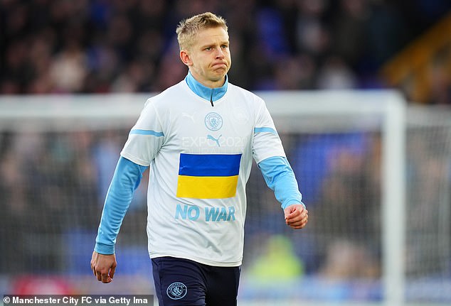 City full-back Zinchenko wore a t-shirt which said 'no war' in support of his country Ukraine