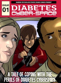 The cover page of the first issue of the 'Diabetes Cyberspace' comic. The illustration depicts three people in a car, including a young person on a smartphone.