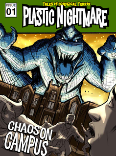 The cover page of the first issue of the 'Plastic Nightmare' comic. The illustration depicts a predatory creature above a university campus.