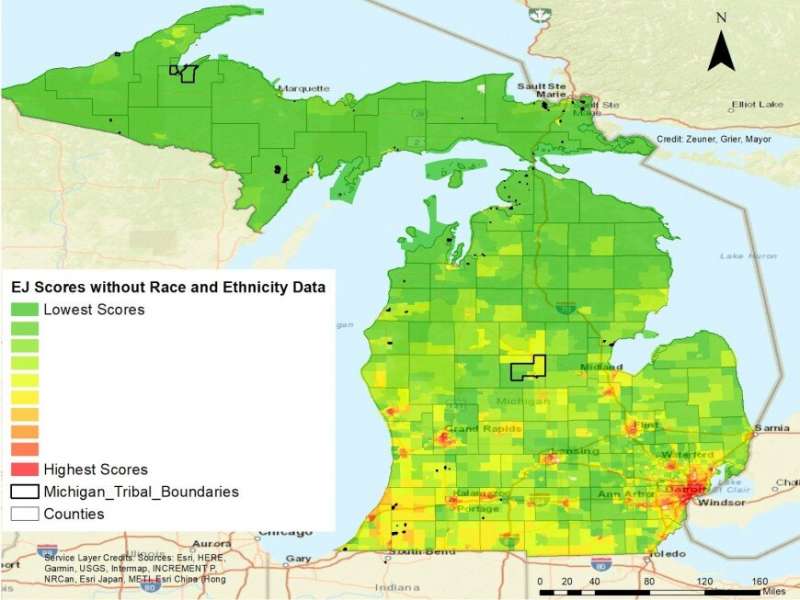Final map of Michigan census tracts ranked by environmental justice scores. Credit: University of Michigan Study identifies lessons learned from environmental justice screening tool development and resistance