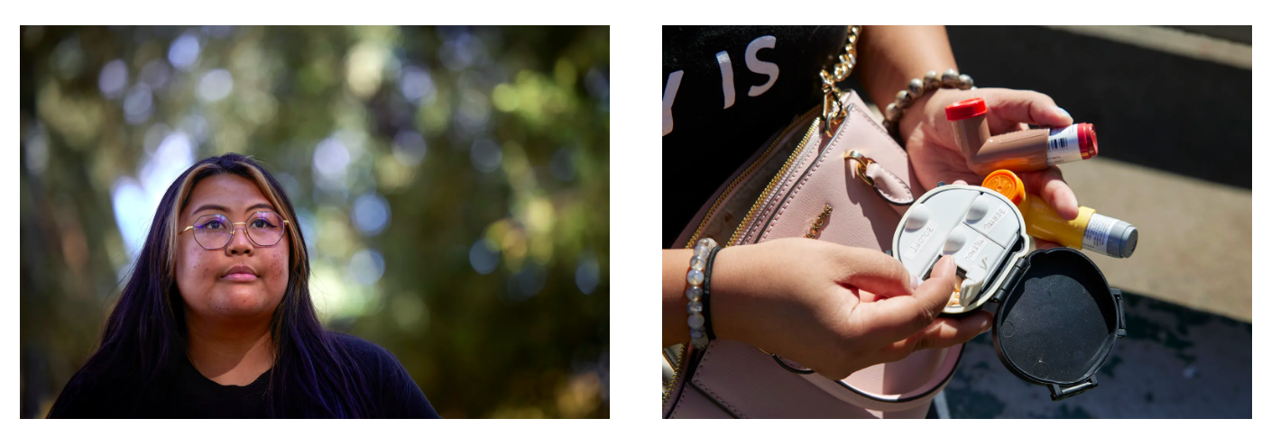 Left photo: A woman wearing glasses. Right photo: A woman's hands, filled with various breathing medications.