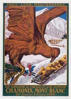 A painted poster depicting a bird carrying the French flag over a sled team on a snowy mountain.