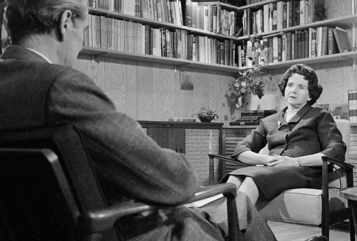 Rachel Carson shown as she is interviewed by Eric Sevareid for an episode of 'CBS Reports' in her study at her home in Maryland, November 29, 1962. 