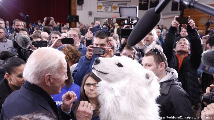 US President Joe Biden meets a climate activist dressed as a polar bear while campaigning