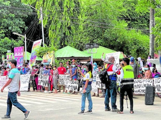 Residents of Brookes Point, Palawan province, gather at the municipal hall on April 5 to protest mining activities