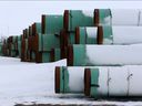 A depot used to store pipes for TC Energy's planned Keystone XL oil pipeline is seen in Gascoyne, North Dakota, January 25, 2017.  
