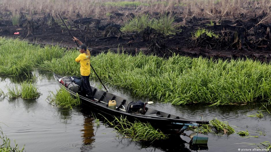 An Indonesian villager in a yellow shirt rows boat on a drained peat dome as he crosses a burned peatland