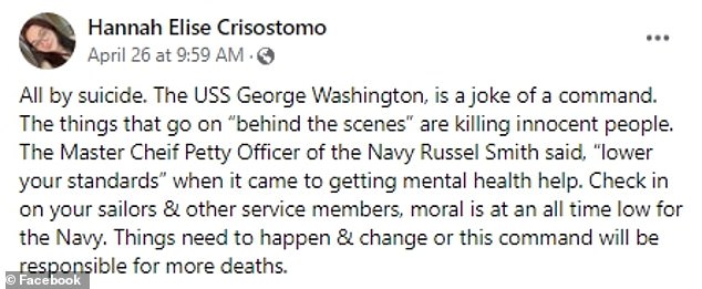 Crisostomo slammed the alleged lack of leadership aboard the boat and failure to tend to the sailors' mental health. She claimed no one came to help her when she sought assistance