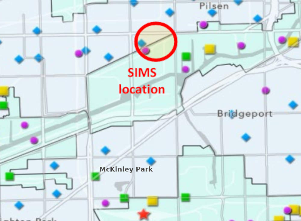A map from the University of Illinois - Chicago study of the industry surrounding SIMS Metal Management shows its position relative to McKinley Park and nearby industrial sites.