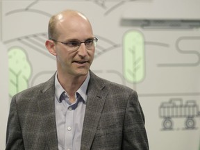 Kurtis Doney, director of water, waste and environment, speaks during a press conference at an Education Room at the city's Waste Management Centre. The room features an interactive learning experience for children about water, waste and the environment.