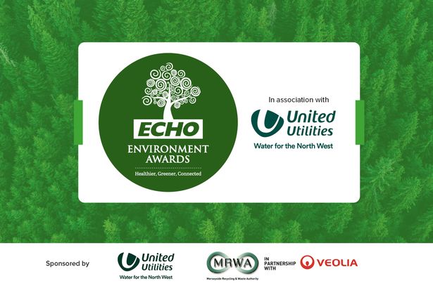 The sponsor panel for the Echo Environment Awards 2022. The background is an overhead shot of a forest, tinted green. In the middle of the background is a white rectangle. On the left side, it has a green circle with the words 
