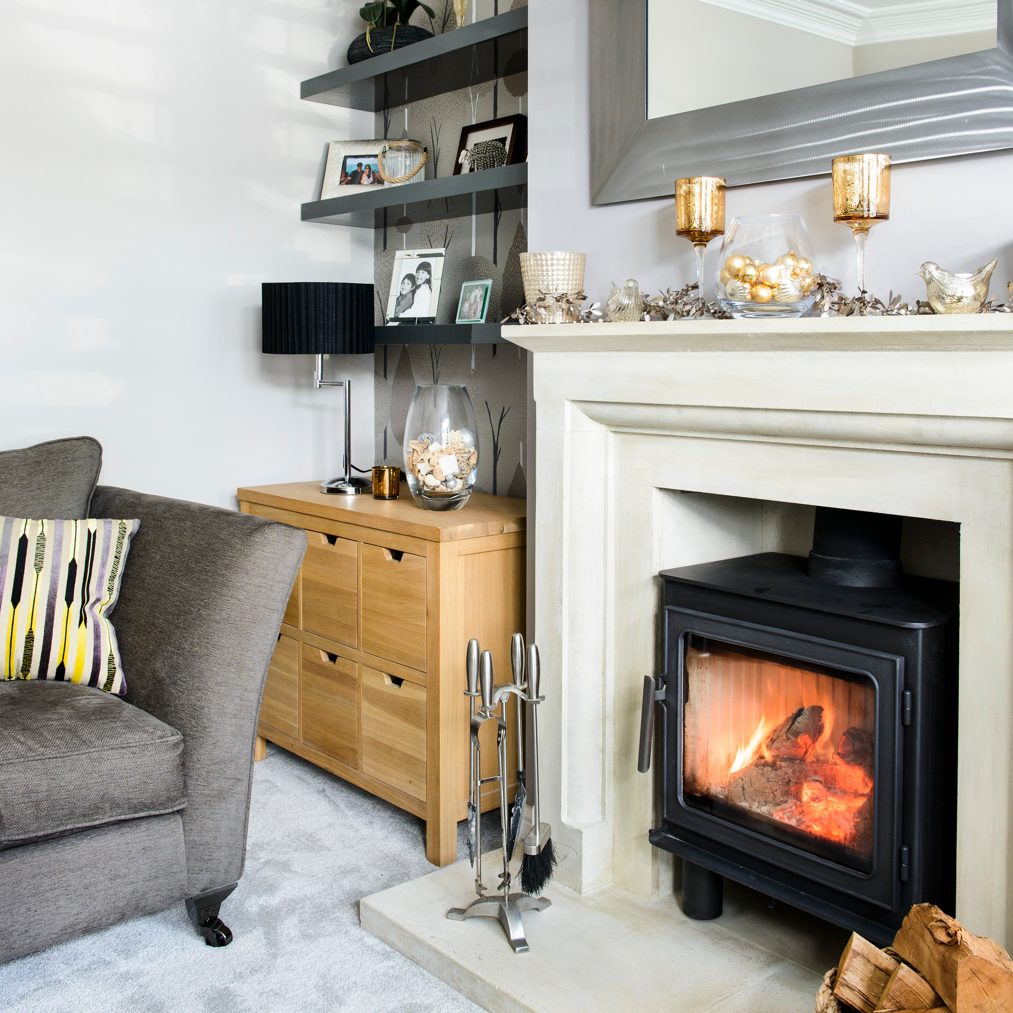 white living room with log burner