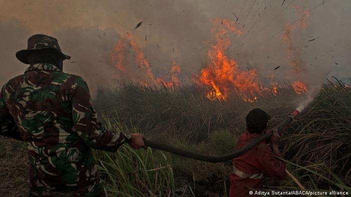 Military personnel extinguish a fire in Sumatra Island, Indonesia
